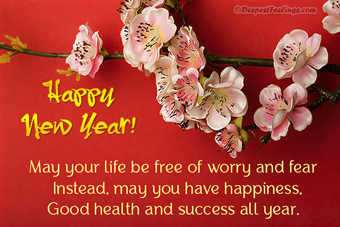 Lunar New Year greeting card featuring pink plum blossoms on a red background with wishes for health, happiness, and success.