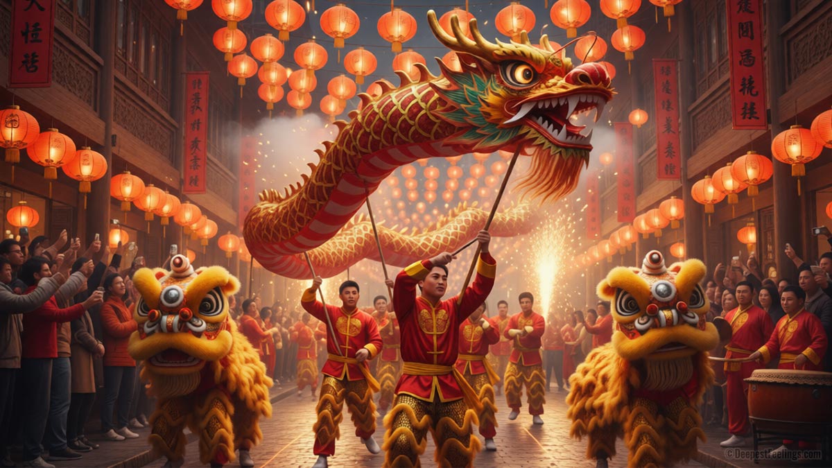 Dragon dance performance during Chinese New Year parade