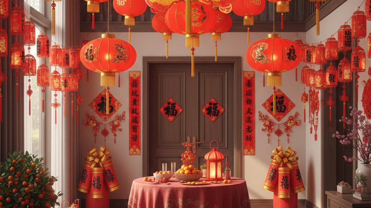 Traditional Chinese New Year interior with red lanterns, golden Fu characters, and oranges