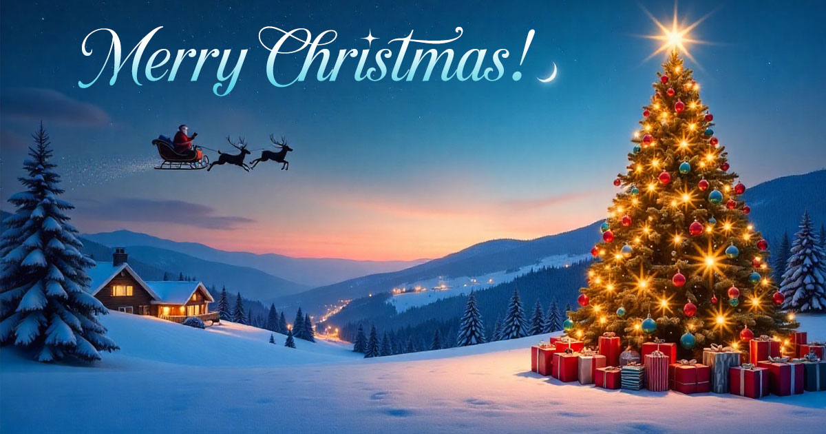 Beautiful Christmas tree with lights and gifts - Christmas greeting cards and wishes cards