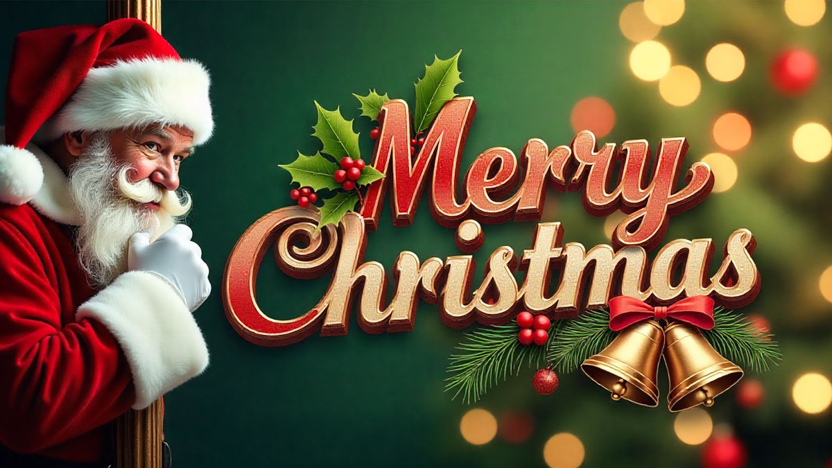 Santa Claus with Merry Christmas text and festive decorations