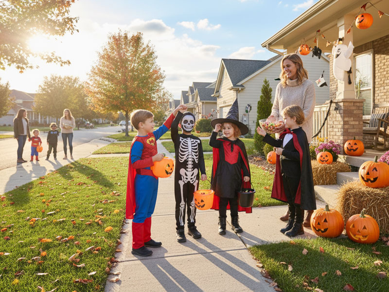 Kids in costumes trick-or-treating during the Halloween