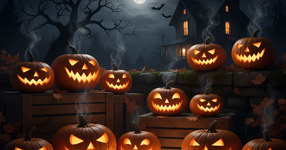 Carved pumpkins glowing at night for Halloween