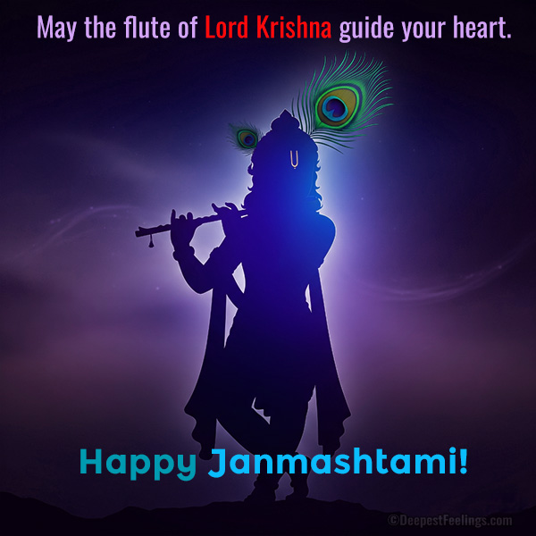 Happy Janmashtami card — blue Krishna silhouette with peacock feather