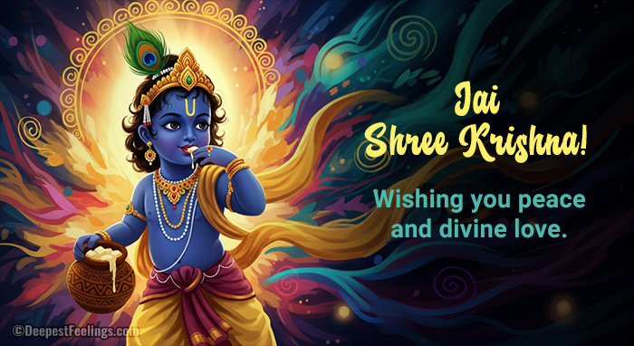 A vibrant digital image of Bal Krishna with his beloved butter pot, designed as a greeting for Janmashtami to be shared on WhatsApp, accompanied by warm wishes.