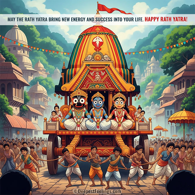 A greeting card featuring the Rath Yatra procession, a spectacle of vibrant colors and joyful participation