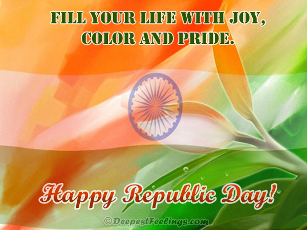 A Republic Day greeting card featuring the Indian national flag, the Ashoka Chakra, and green leaves with an inspirational message