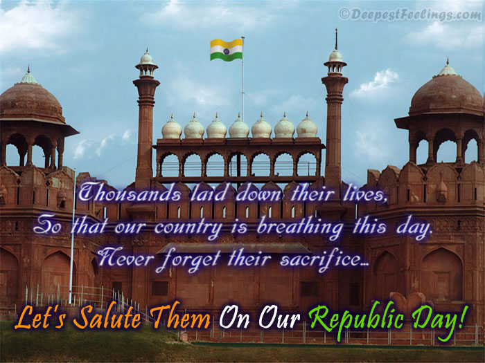 A patriotic Republic Day greeting card showing the Red Fort in Delhi with the Indian National Flag and a tribute message.