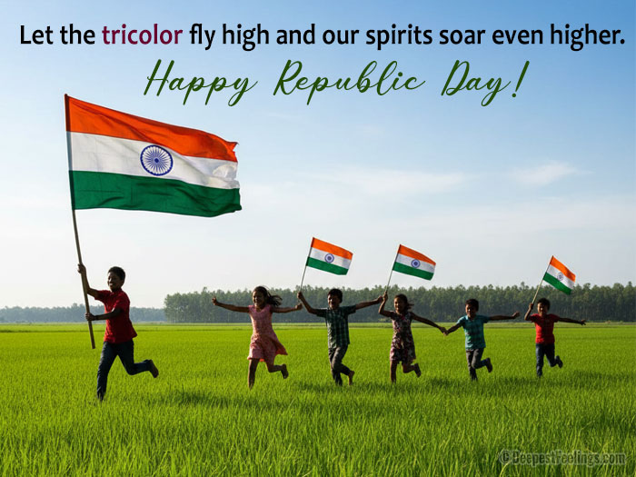 A Republic Day card featuring children running through a green field holding the Indian national flag.