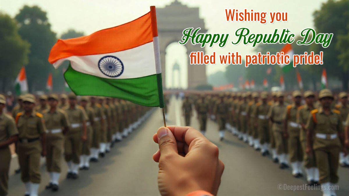 A hand holding the Indian tricolor flag with the Indian Army marching contingent during Republic Day parade