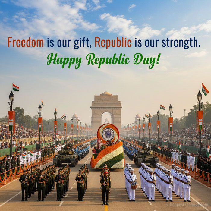 Republic Day parade at Kartavya Path in New Delhi with marching contingents and tricolour decorations
