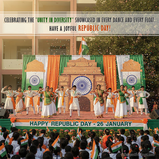 A group of school students in traditional attire performing a patriotic dance on stage for Republic Day