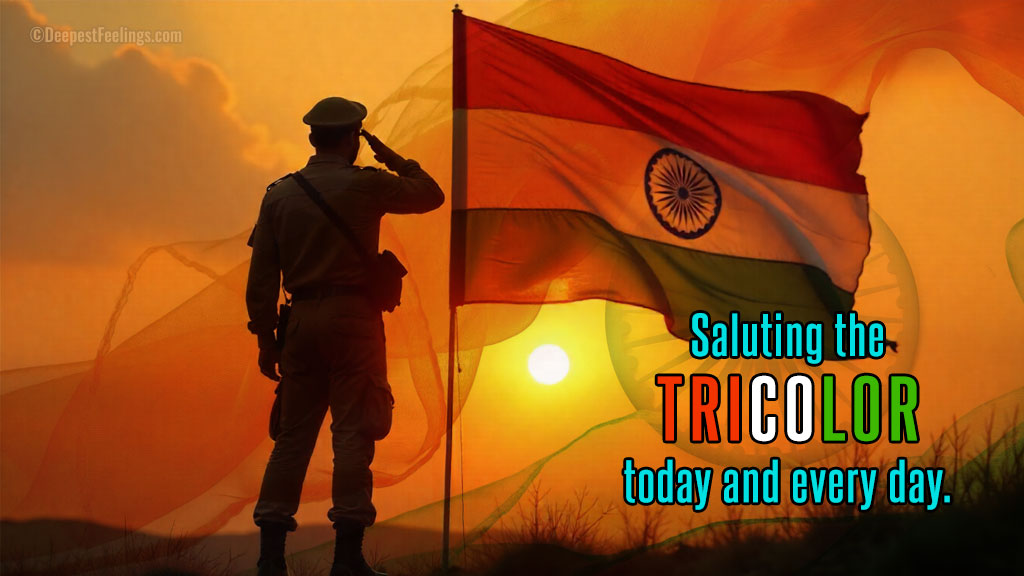 Patriotic image of a soldier saluting the Indian flag at sunrise on Republic Day