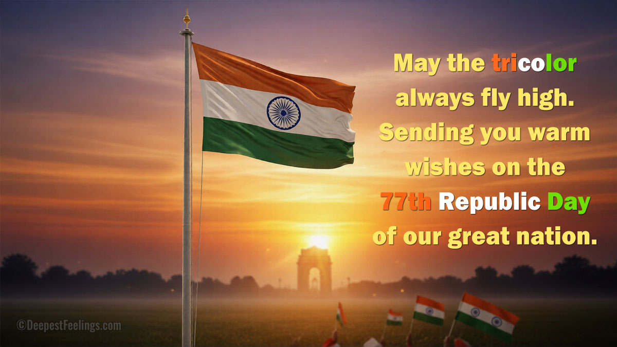 77th Republic Day India wishes with Tricolor flag and sunrise over Kartavya Path.