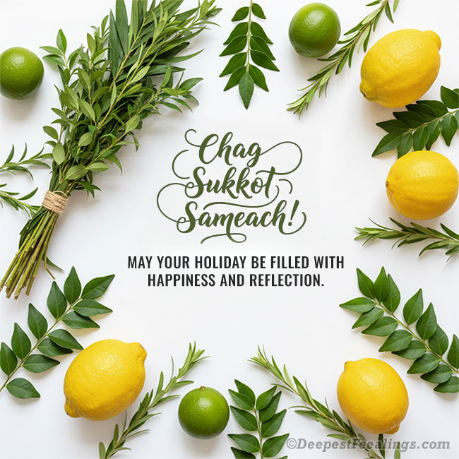 Sukkot greeting card with a frame of the Four Species (lulav, etrog, myrtle, willow)