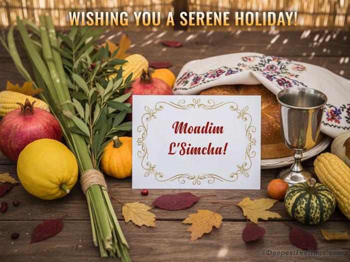 Still life for Sukkot featuring the Four Species (Lulav and Etrog), harvest items, challah, and a card reading "Moadim L'Simcha"