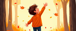 Illustration of a child playing with falling leaves, with a Thanksgiving greeting message.