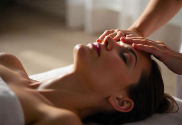 A woman receiving a relaxing facial massage in a serene homemade spa environment