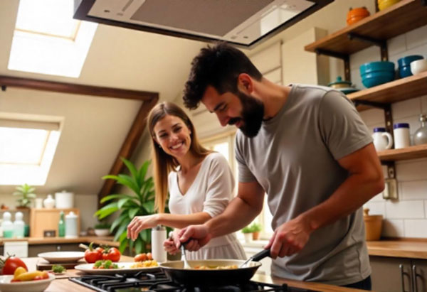 A man preparing a meal for his love in a kitchen