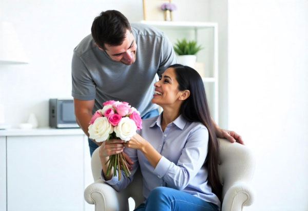 A man surprises a woman by presenting her with a beautiful bouquet of flowers