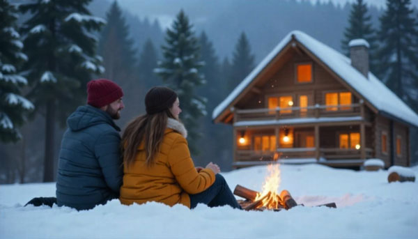 A couple enjoys a campfire in front of a remote cabin, surrounded by trees and a serene outdoor setting