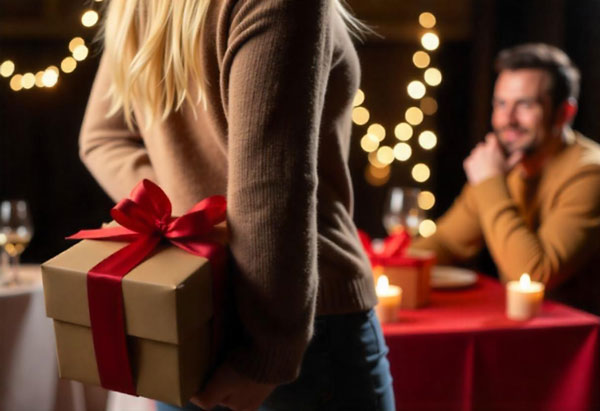 A woman presents a gift box to a man sitting at a table during a romantic night date