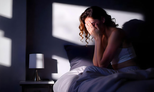 A woman in bed, her head in her hands, reflecting feelings of anxiety and sleep disruption