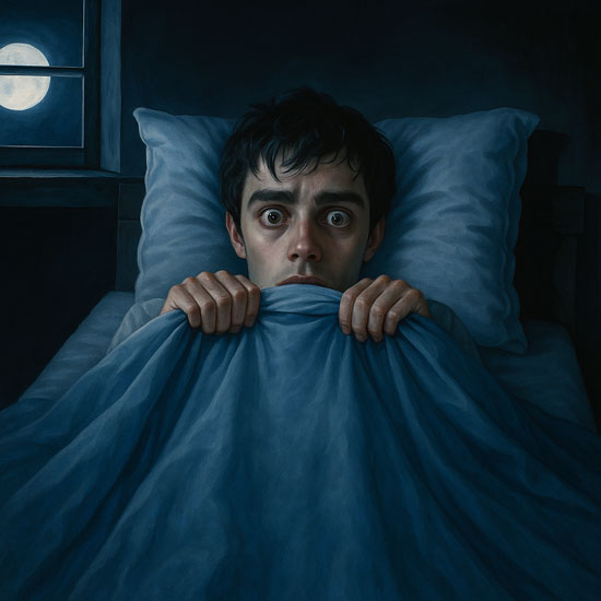 Man in bed, wide-eyed and terrified due to a nightmare, hiding under a blue duvet in the dark