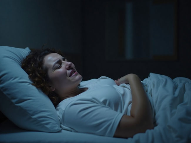 Woman lying in bed at night, appearing distressed and sleepless in pain