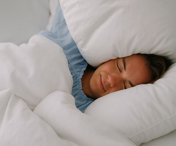 A woman protecting her ears on a bed with white pillows, reflecting the sleep disorders in noisy environments