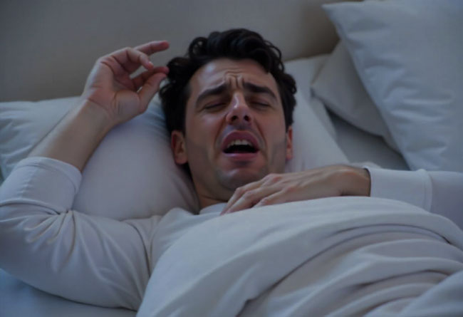 Man lying in bed with mouth open, appearing to be experiencing a sleep disorder because of a nightmare