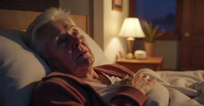 An older woman resting in bed at night, struggling with sleep disturbances caused by health problems