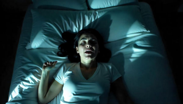 A woman is scared in her sleep because of a nightmare