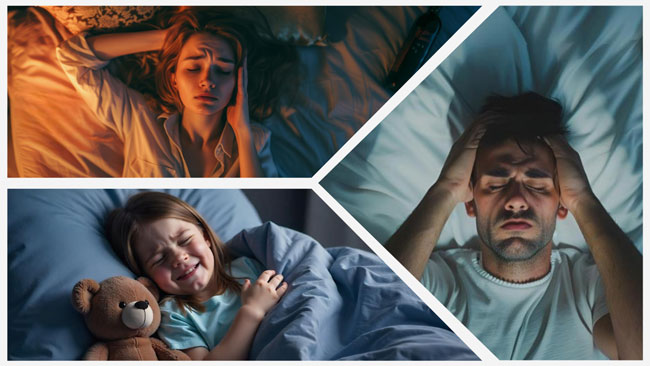 Collage of three images illustrating the theme of sleep disturbance